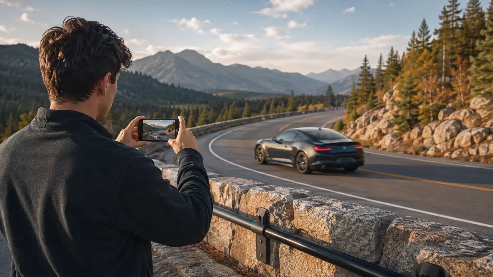 Persona fotografiando un deportivo en una carretera de montaña