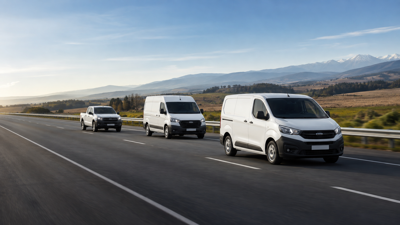 Furgones y camioneta blanca circulando en caravana
