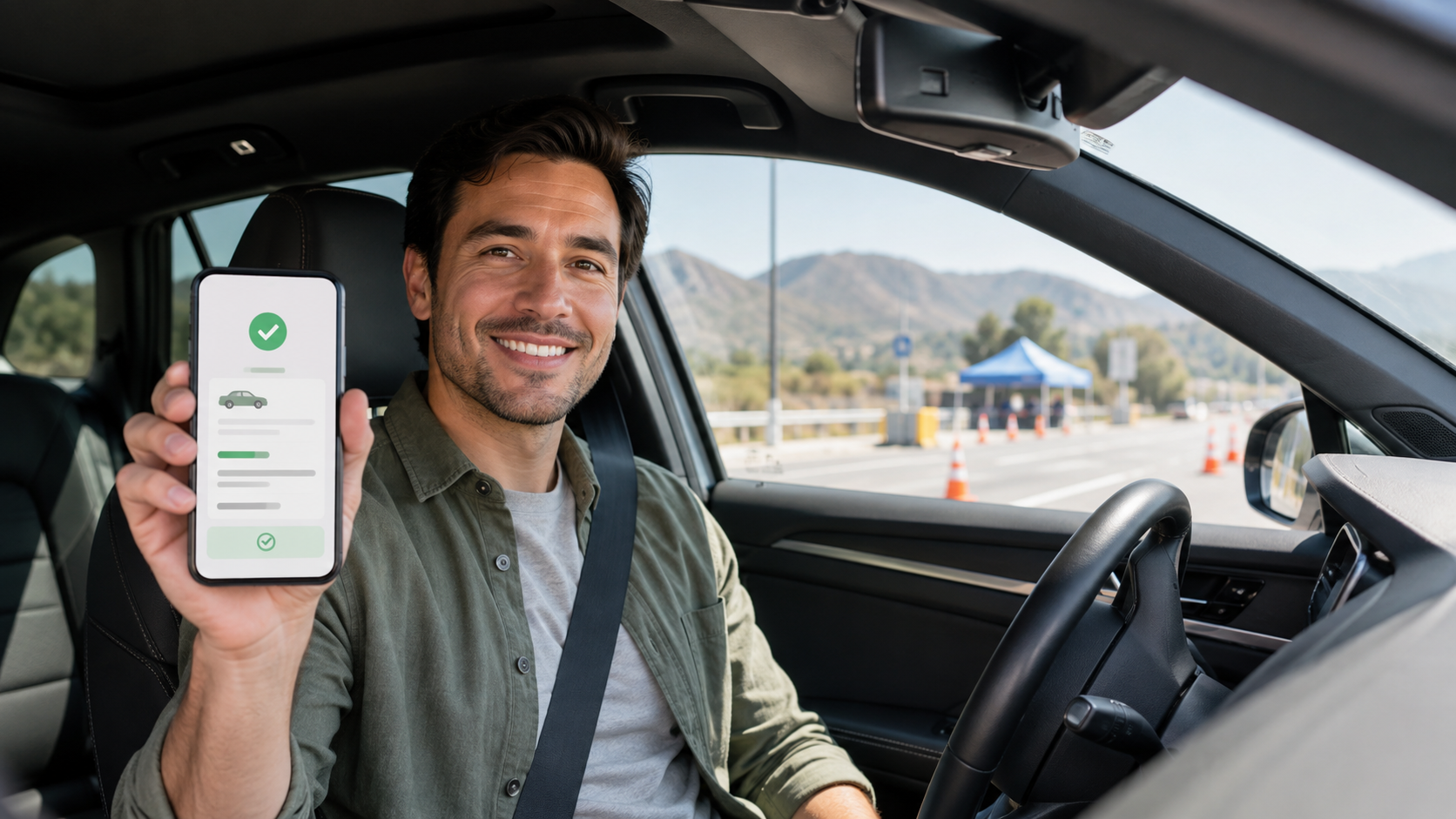 Persona sonriendo dentro de su auto mostrando la aplicación