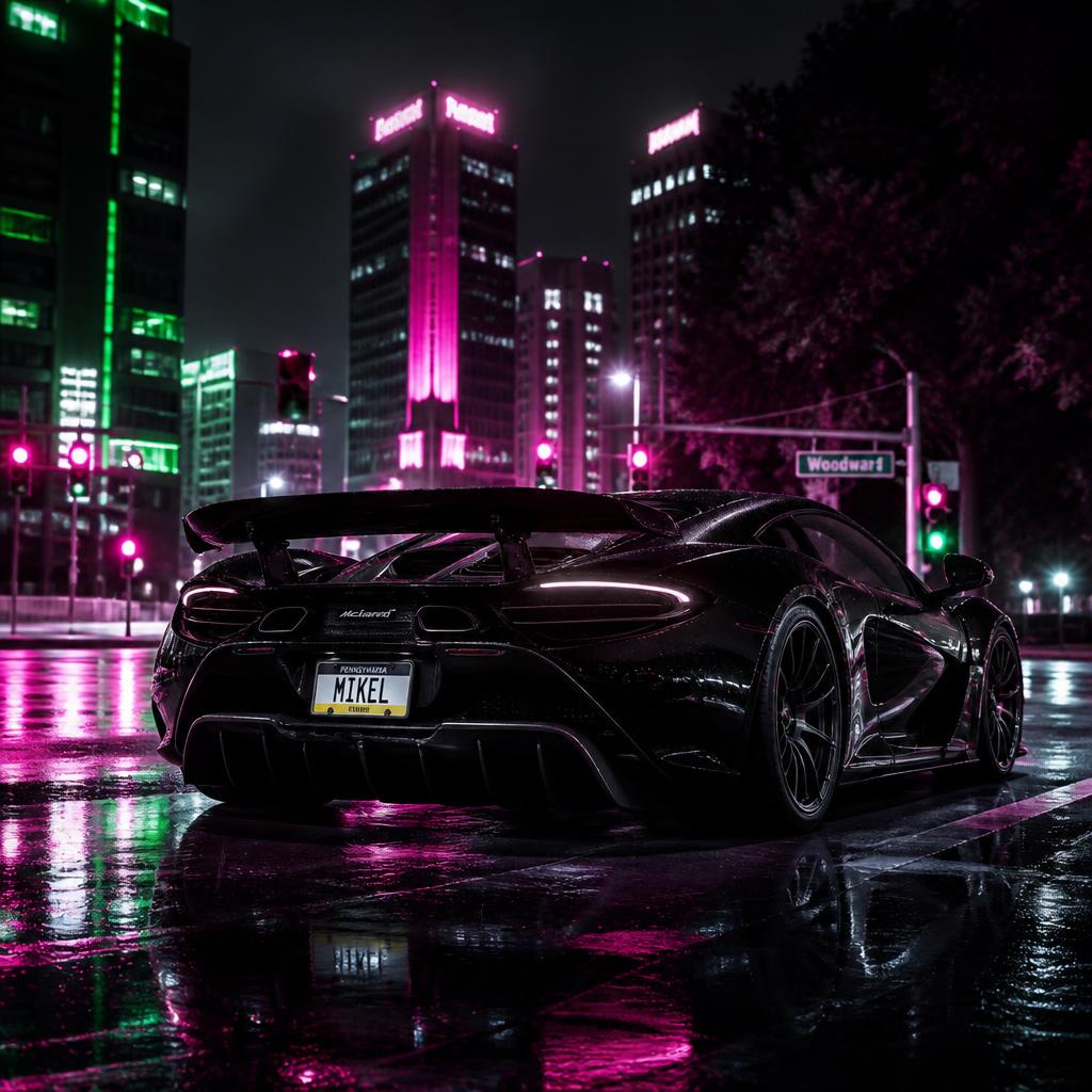 Hypercar negro en una intersección urbana nocturna con luces de neón