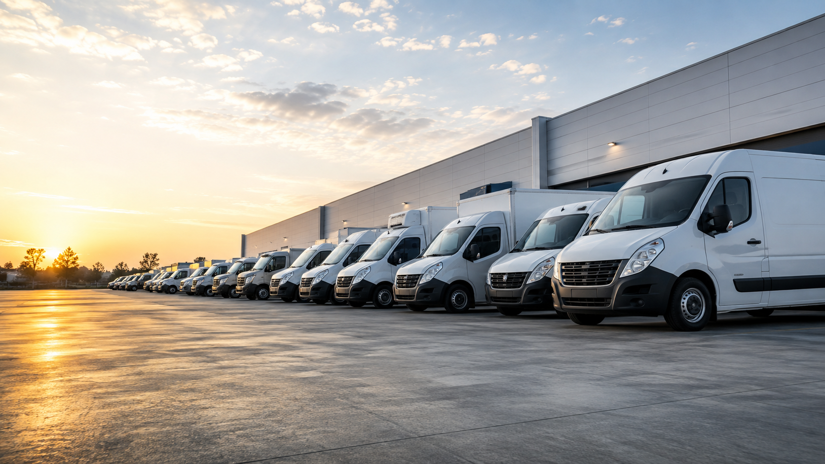 Fila de furgones blancos estacionados en un centro de distribución