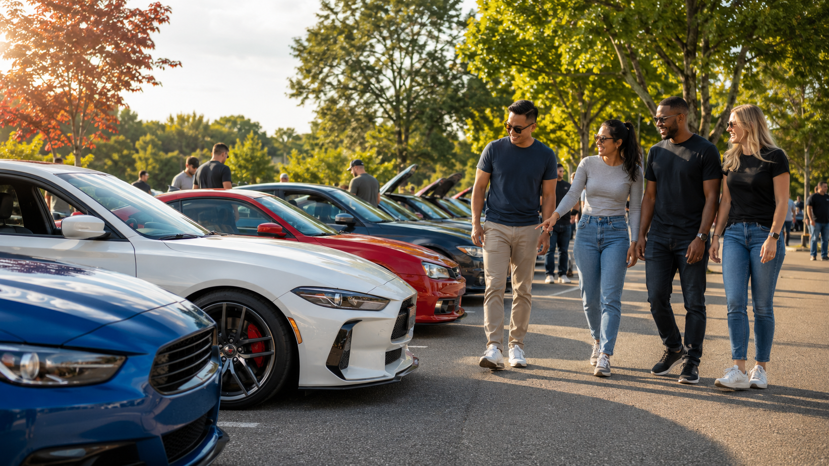 Grupo de amigos caminando en un encuentro de autos